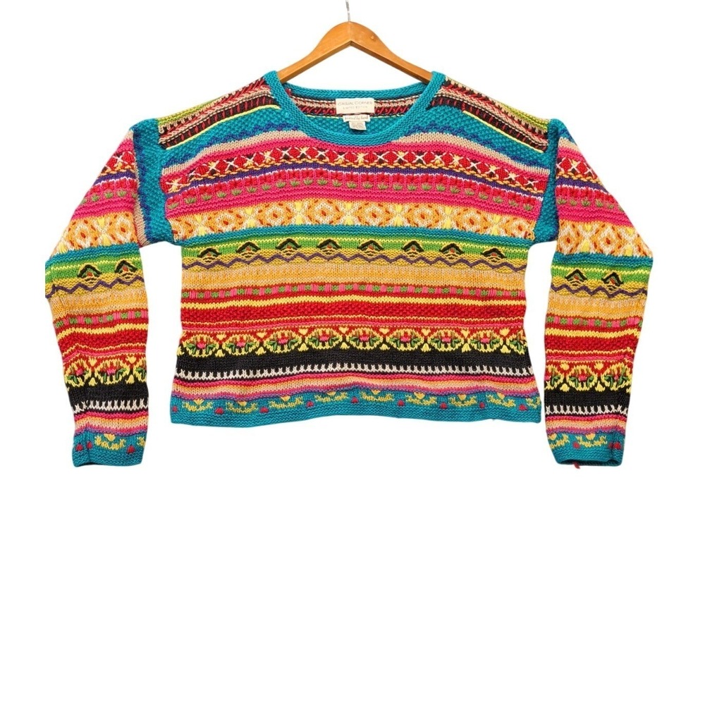 Vintage Casual Corner Hand Knitted Womens Sweater Sz Large Floral Outdoor